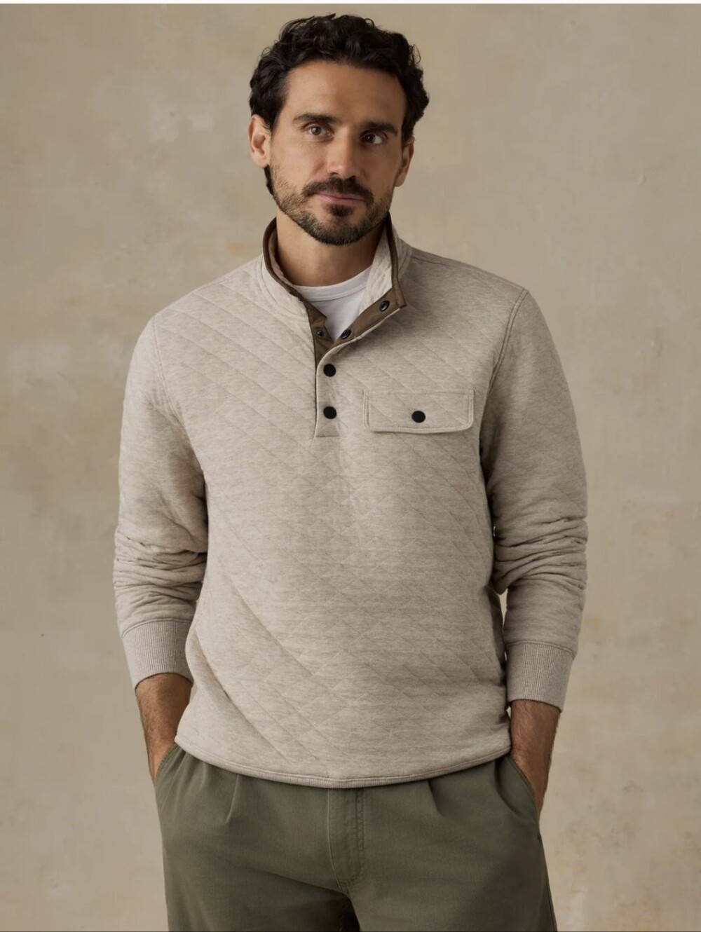 Faherty Men's Epic Quilted Fleece Pullover Size Large Oatmeal Tan
